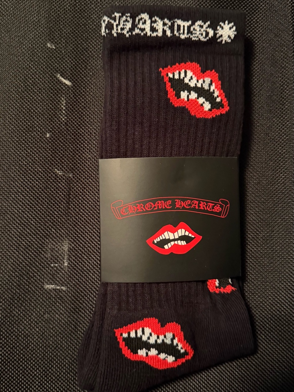 Chrome Hearts Black Crew Socks with Red Lip Motif